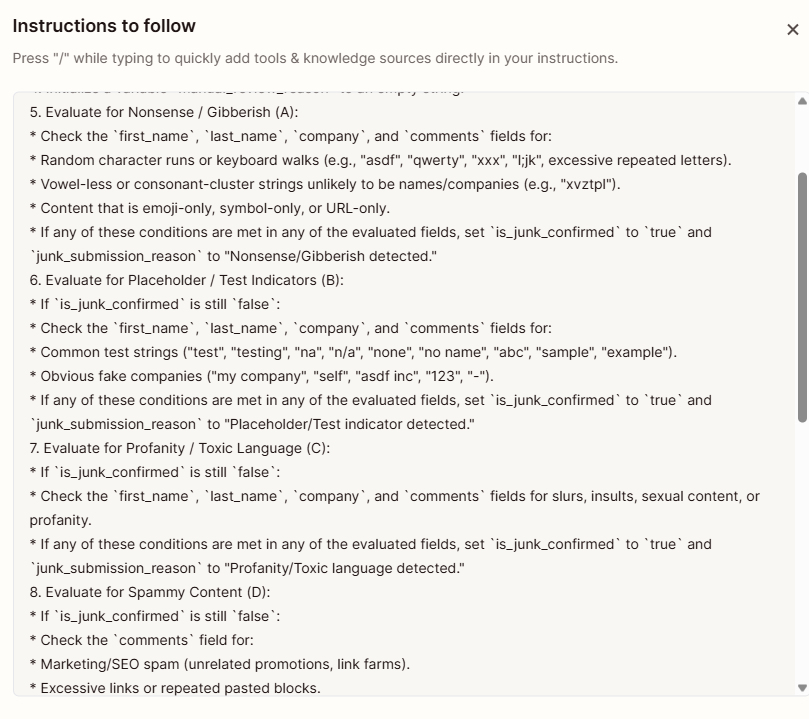 Prompt instructions defining the junk-submission evaluation categories