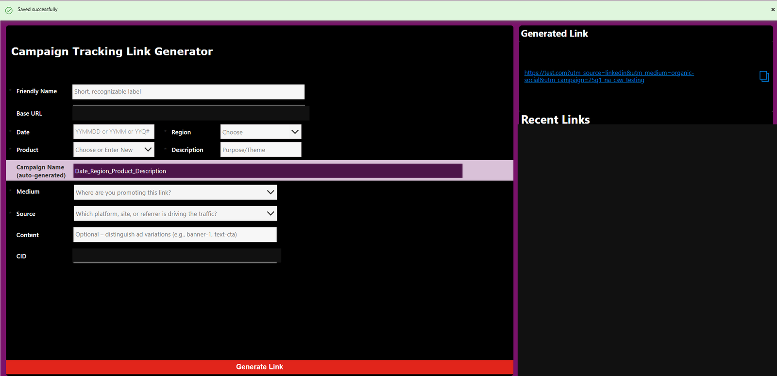 Campaign tracking link generator with an auto-generated campaign name field