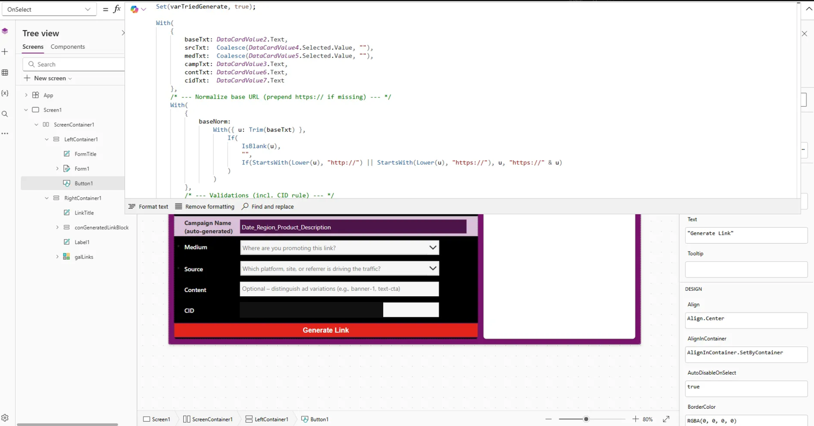 Power Apps editor showing the link generator's URL normalisation logic